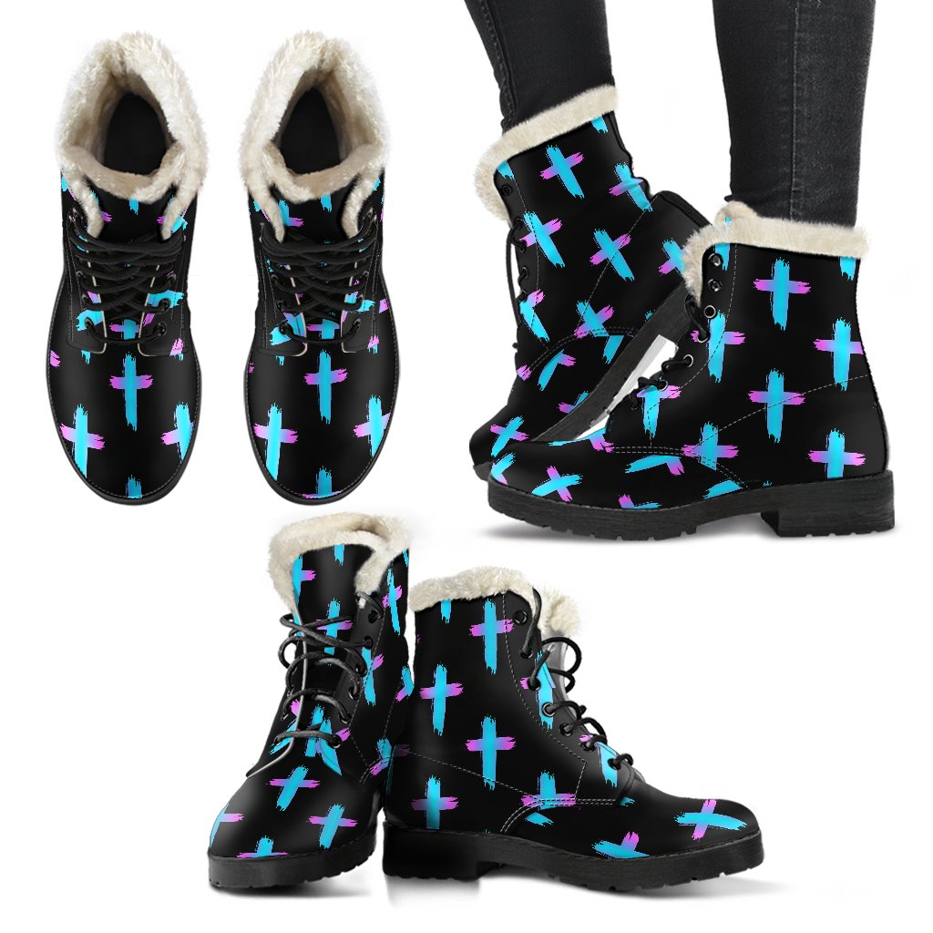Christian Cross neon Pattern Faux Fur Leather Boots-JTAMIGO.COM