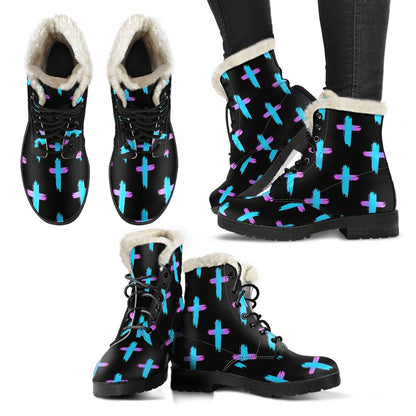 Christian Cross neon Pattern Faux Fur Leather Boots-JTAMIGO.COM