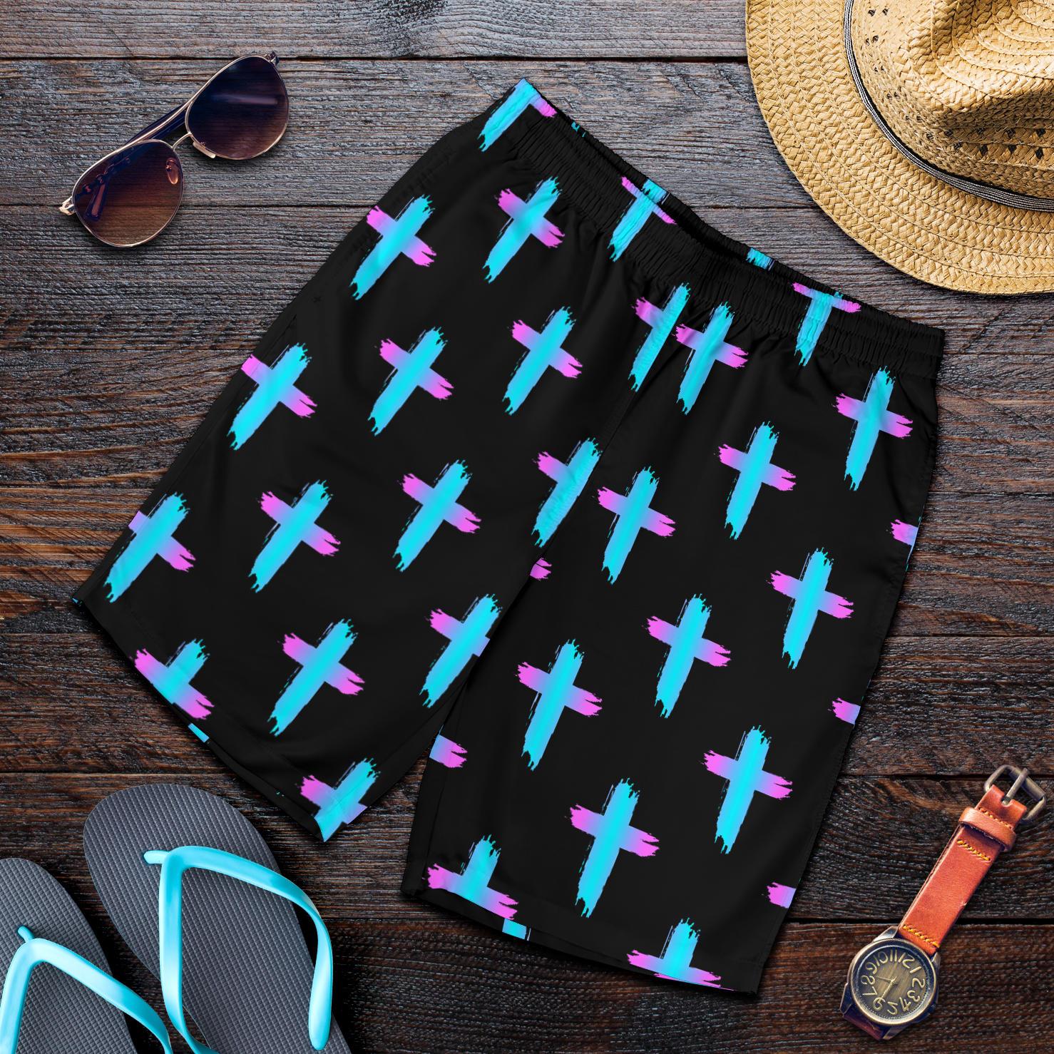 Christian Cross neon Pattern Mens Shorts-JTAMIGO.COM