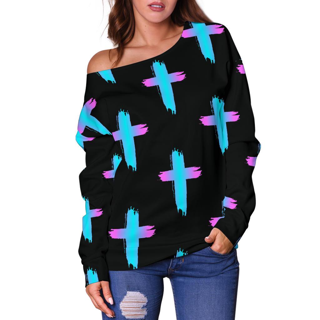 Christian Cross neon Pattern Off Shoulder Sweatshirt