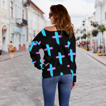 Christian Cross neon Pattern Off Shoulder Sweatshirt