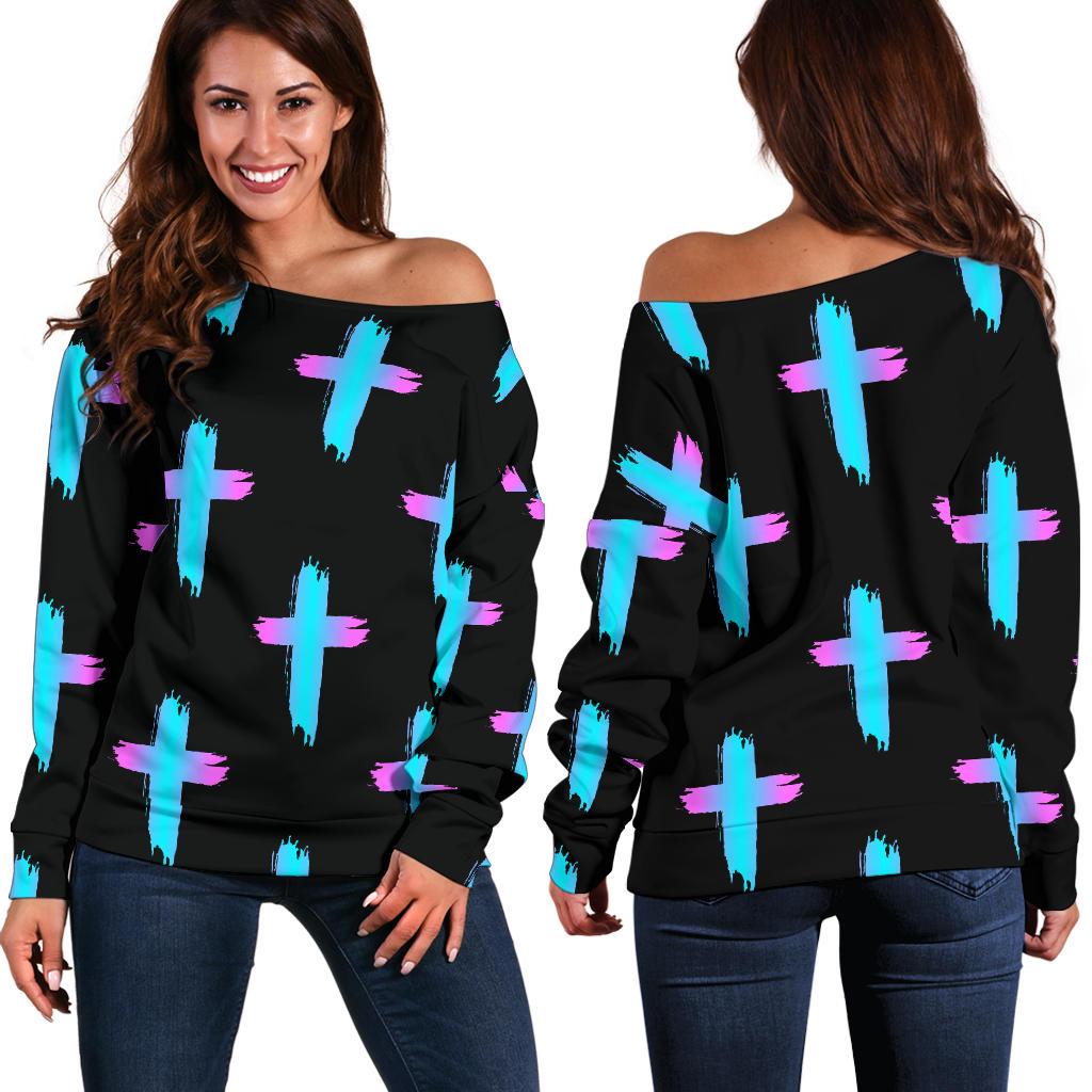 Christian Cross neon Pattern Off Shoulder Sweatshirt