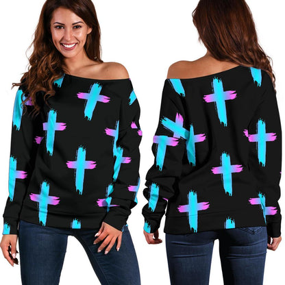 Christian Cross neon Pattern Off Shoulder Sweatshirt