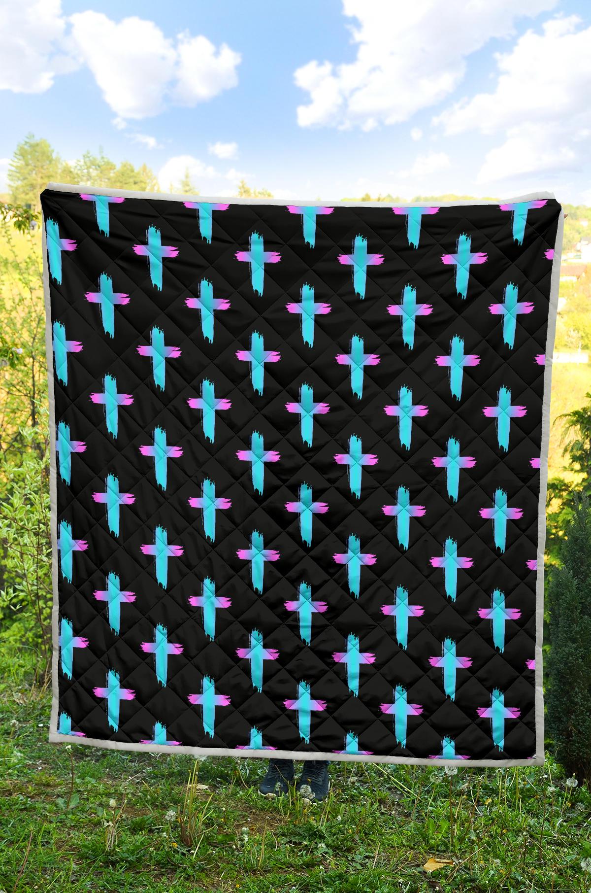 Christian Cross neon Pattern Premium Quilt-JTAMIGO.COM