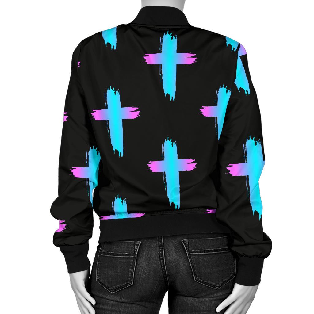 Christian Cross Neon Pattern Women Casual Bomber Jacket
