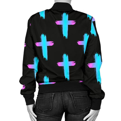 Christian Cross Neon Pattern Women Casual Bomber Jacket