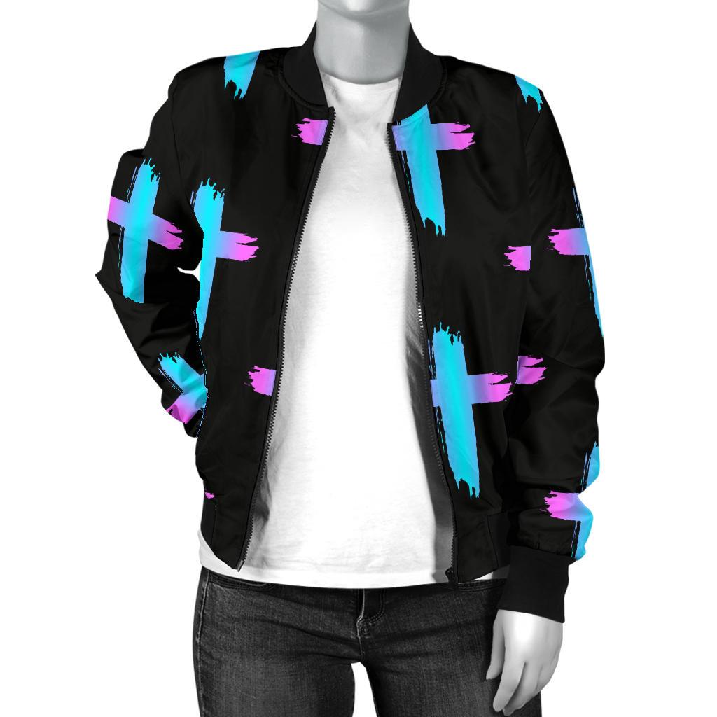Christian Cross Neon Pattern Women Casual Bomber Jacket
