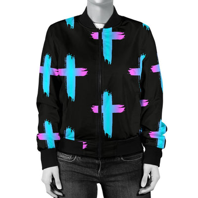 Christian Cross Neon Pattern Women Casual Bomber Jacket