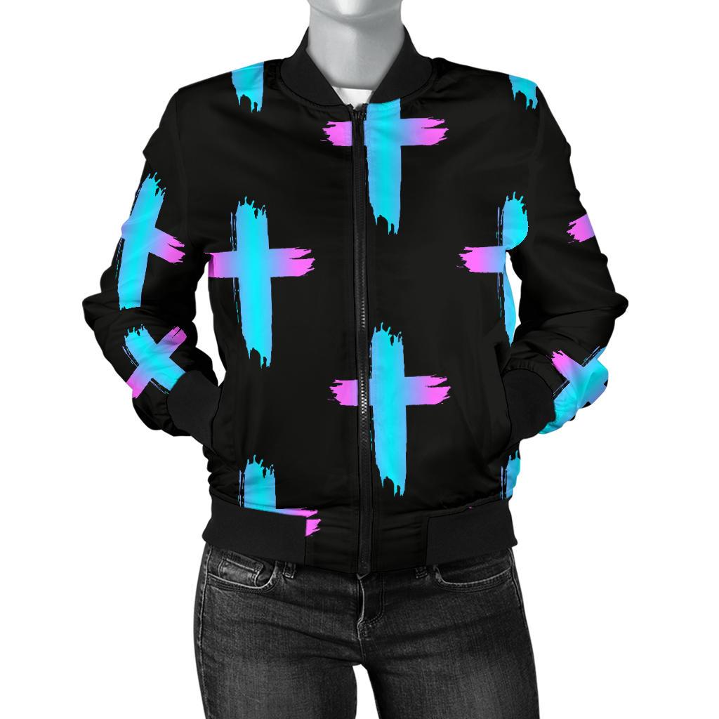 Christian Cross Neon Pattern Women Casual Bomber Jacket