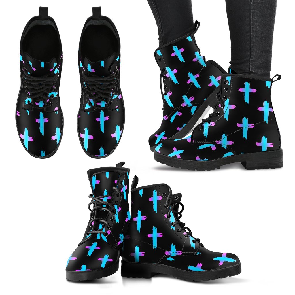 Christian Cross neon Pattern Women Leather Boots-JTAMIGO.COM