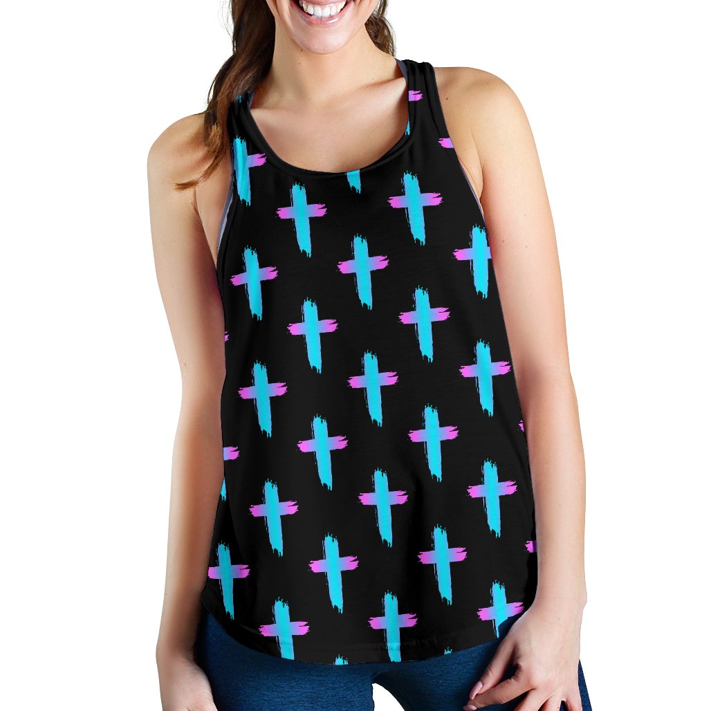 Christian Cross neon Pattern Women Racerback Tank Top