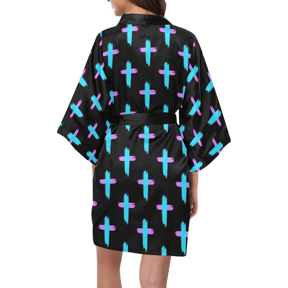 Christian Cross neon Pattern Women Short Kimono Robe