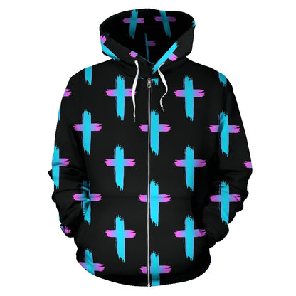 Christian Cross Neon Pattern Zip Up Hoodie