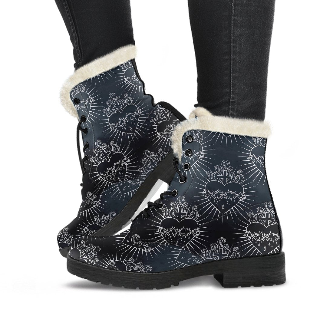 Christian Heart Tattoo Style Faux Fur Leather Boots-JTAMIGO.COM