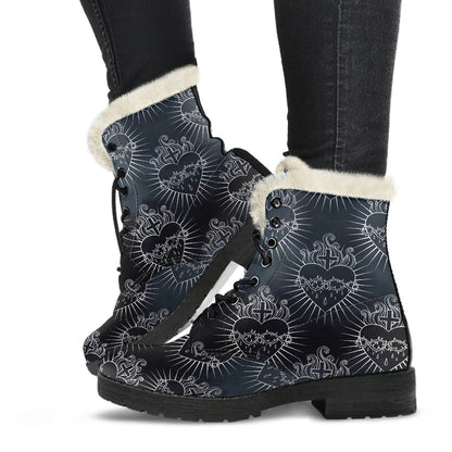 Christian Heart Tattoo Style Faux Fur Leather Boots-JTAMIGO.COM