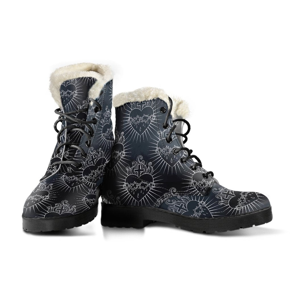 Christian Heart Tattoo Style Faux Fur Leather Boots-JTAMIGO.COM