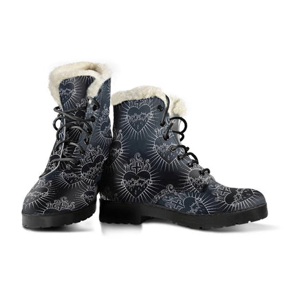 Christian Heart Tattoo Style Faux Fur Leather Boots-JTAMIGO.COM