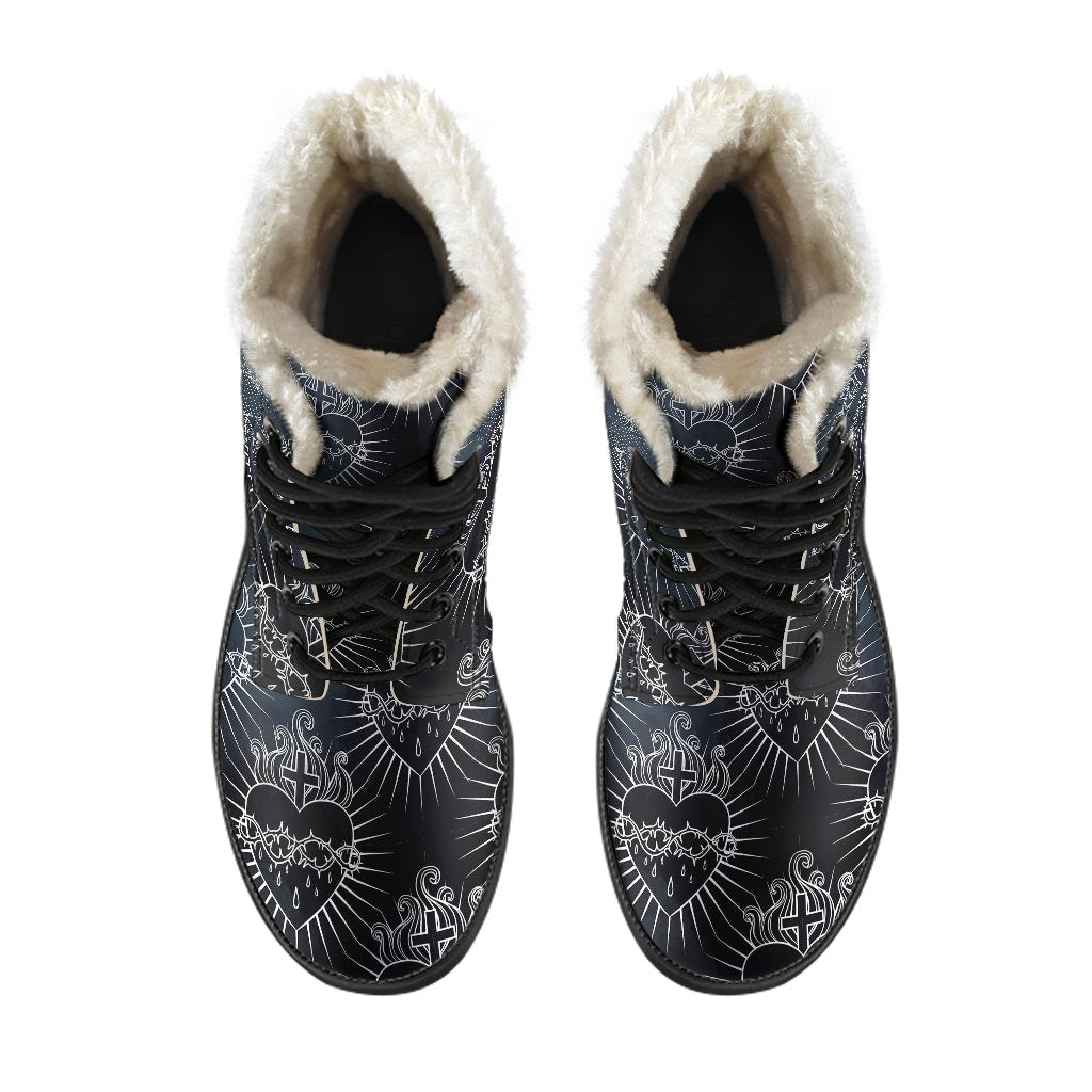 Christian Heart Tattoo Style Faux Fur Leather Boots-JTAMIGO.COM