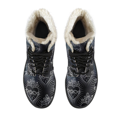 Christian Heart Tattoo Style Faux Fur Leather Boots-JTAMIGO.COM