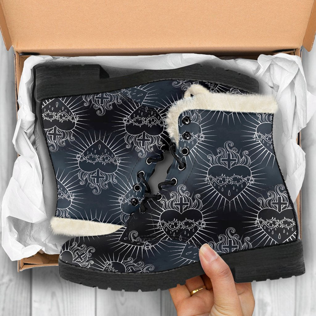 Christian Heart Tattoo Style Faux Fur Leather Boots-JTAMIGO.COM