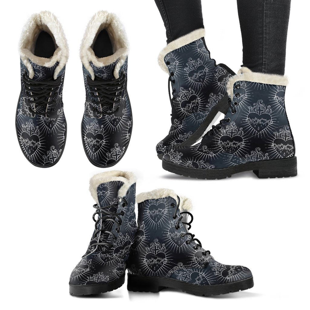 Christian Heart Tattoo Style Faux Fur Leather Boots-JTAMIGO.COM