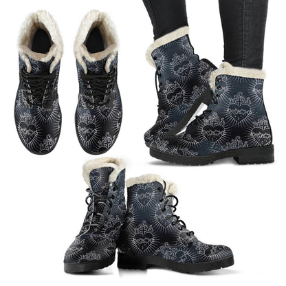 Christian Heart Tattoo Style Faux Fur Leather Boots-JTAMIGO.COM