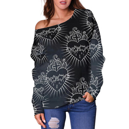 Christian Heart Tattoo Style Off Shoulder Sweatshirt