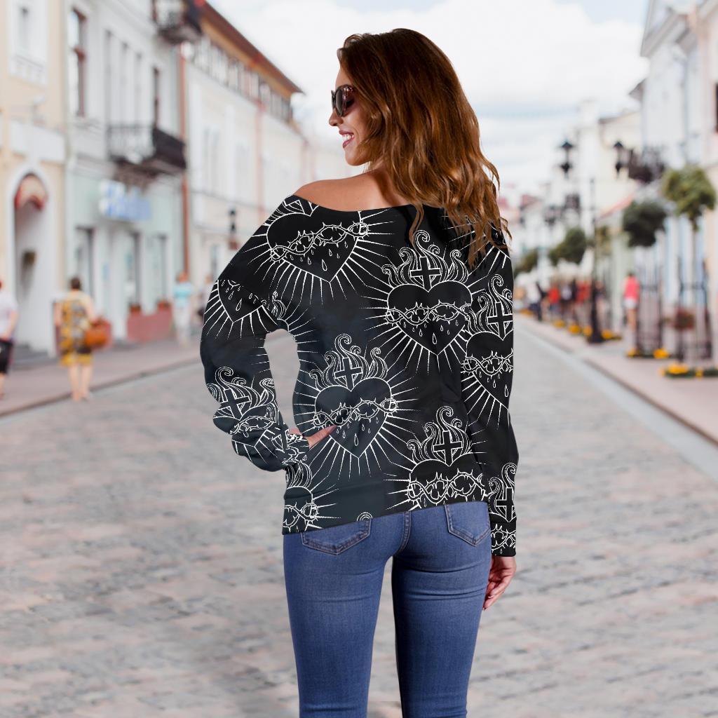 Christian Heart Tattoo Style Off Shoulder Sweatshirt
