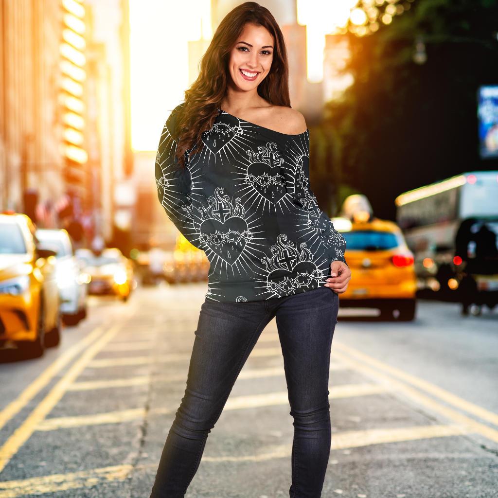 Christian Heart Tattoo Style Off Shoulder Sweatshirt