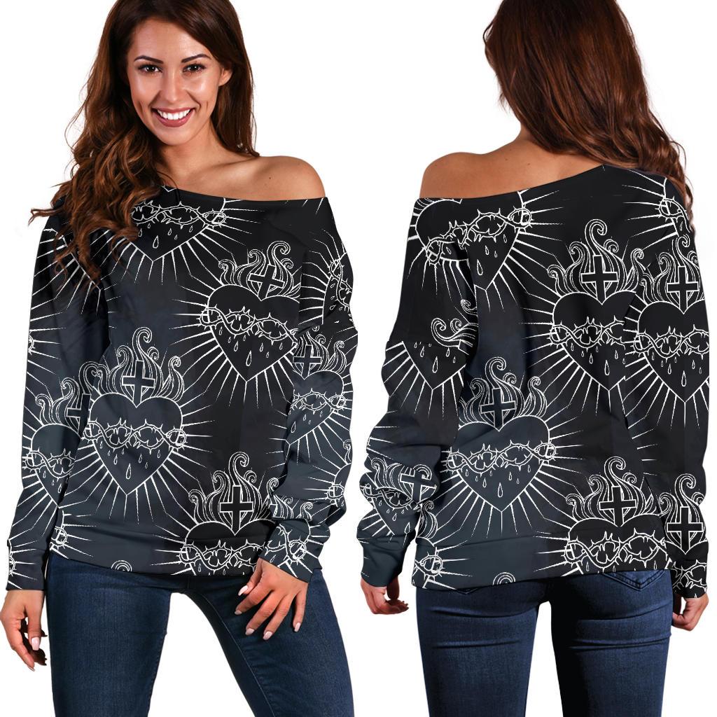 Christian Heart Tattoo Style Off Shoulder Sweatshirt