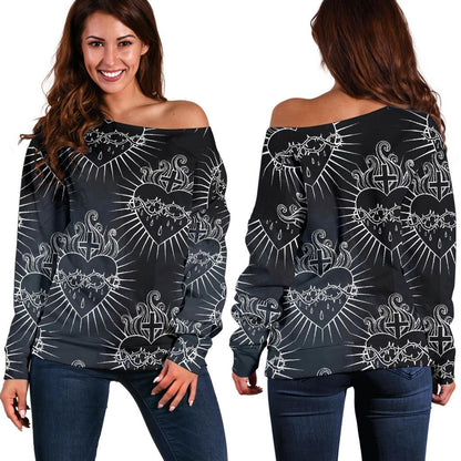 Christian Heart Tattoo Style Off Shoulder Sweatshirt
