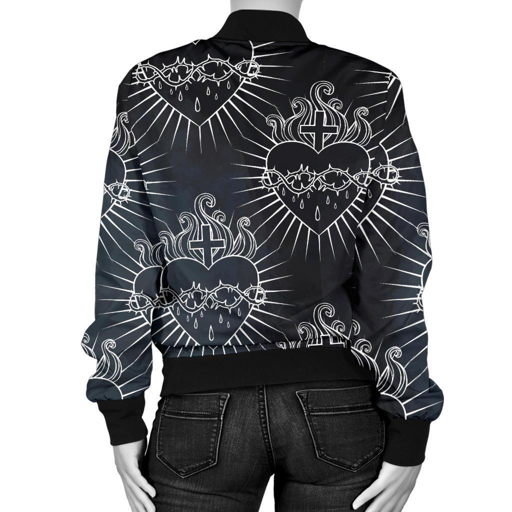 Christian Heart Tattoo Style Women Casual Bomber Jacket