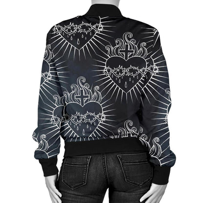 Christian Heart Tattoo Style Women Casual Bomber Jacket