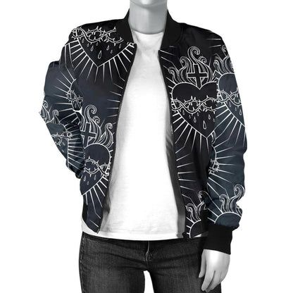 Christian Heart Tattoo Style Women Casual Bomber Jacket