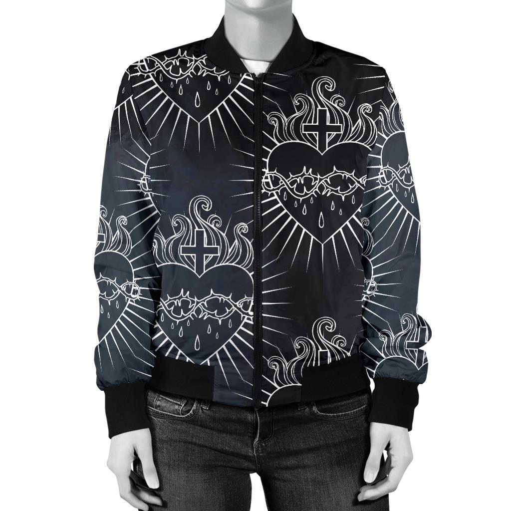Christian Heart Tattoo Style Women Casual Bomber Jacket