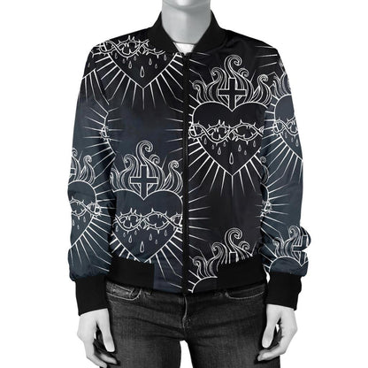 Christian Heart Tattoo Style Women Casual Bomber Jacket