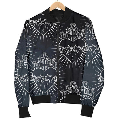 Christian Heart Tattoo Style Women Casual Bomber Jacket
