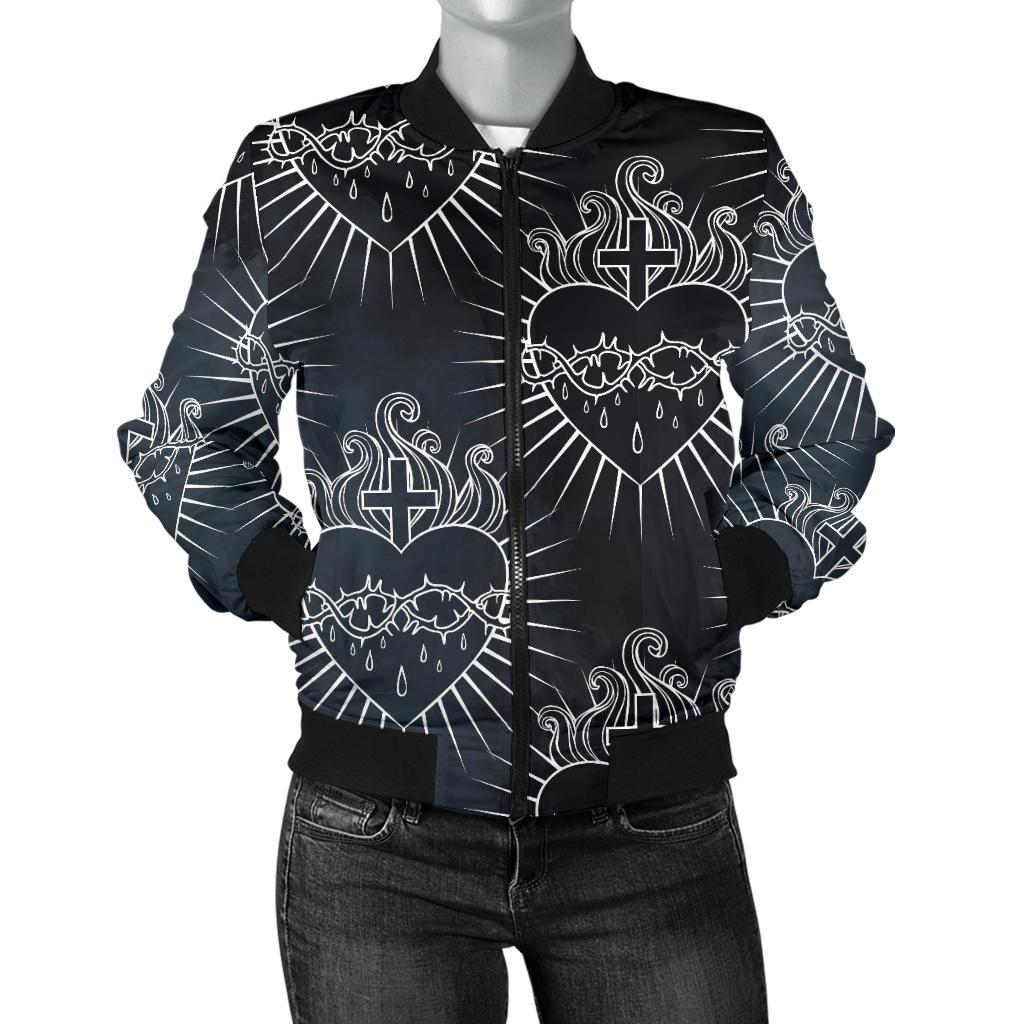 Christian Heart Tattoo Style Women Casual Bomber Jacket