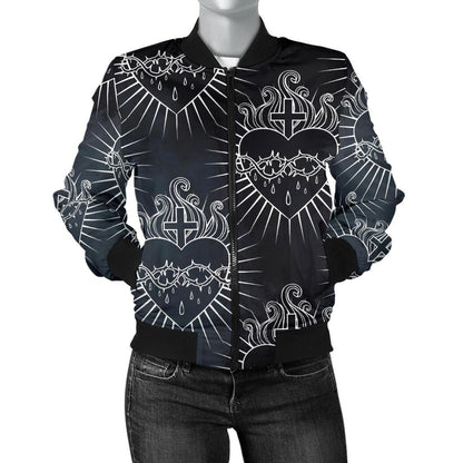 Christian Heart Tattoo Style Women Casual Bomber Jacket