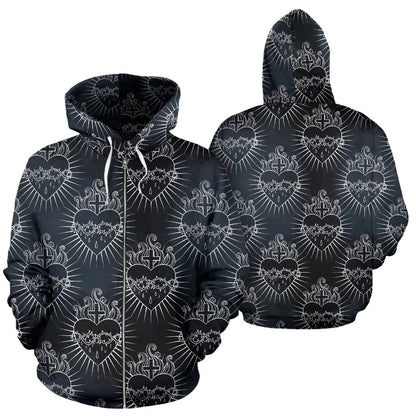 Christian Heart Tattoo Style Zip Up Hoodie