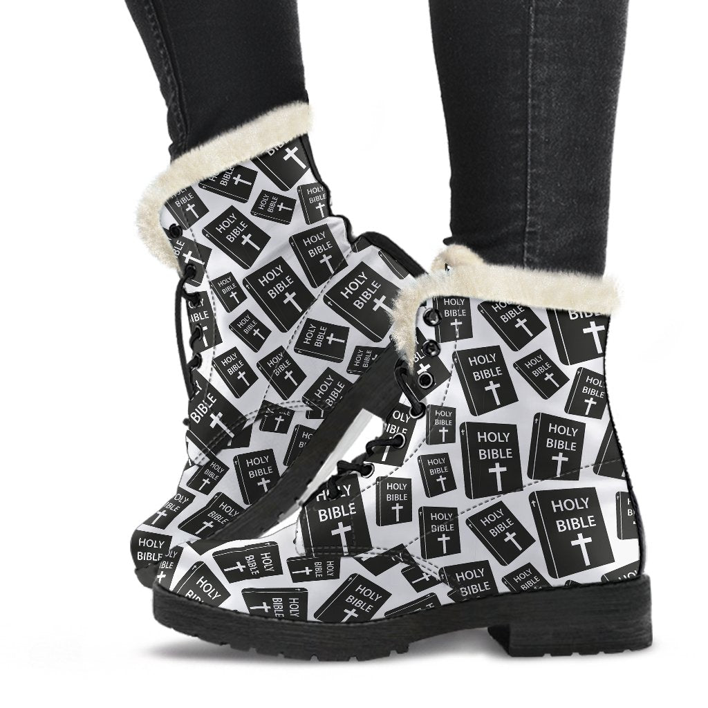 Christian Holy Bible Book Pattern Faux Fur Leather Boots-JTAMIGO.COM