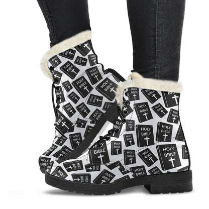 Christian Holy Bible Book Pattern Faux Fur Leather Boots-JTAMIGO.COM