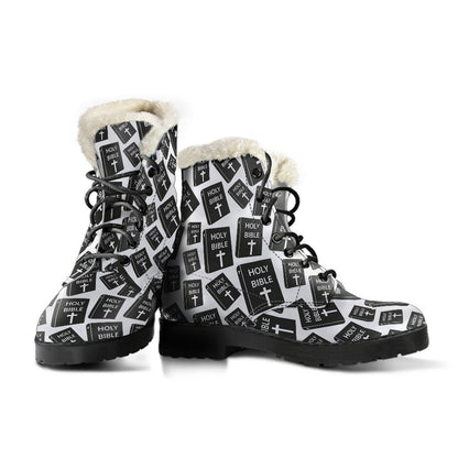 Christian Holy Bible Book Pattern Faux Fur Leather Boots-JTAMIGO.COM