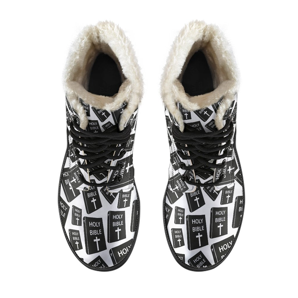 Christian Holy Bible Book Pattern Faux Fur Leather Boots-JTAMIGO.COM