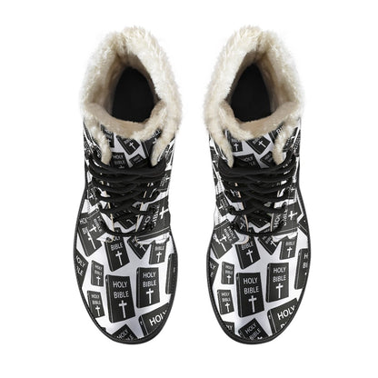 Christian Holy Bible Book Pattern Faux Fur Leather Boots-JTAMIGO.COM