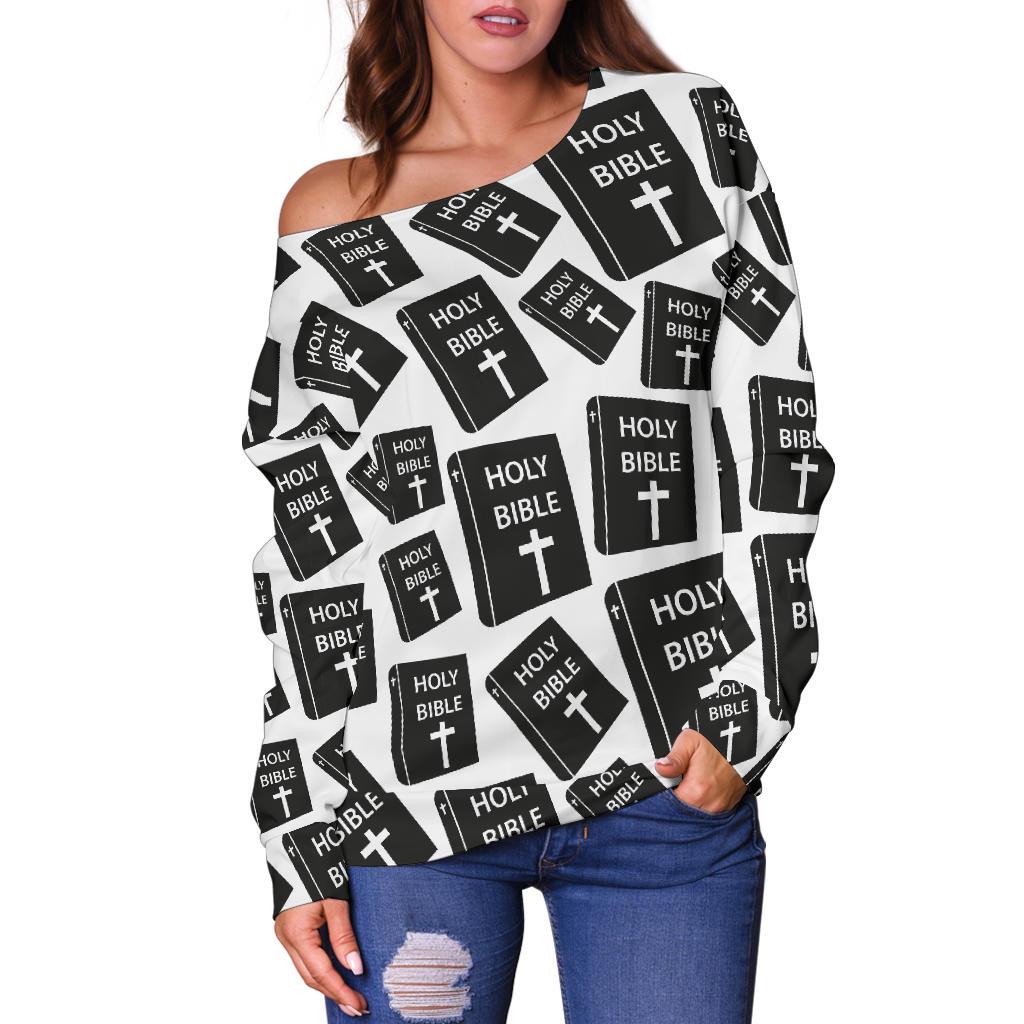 Christian Holy Bible Book Pattern Off Shoulder Sweatshirt