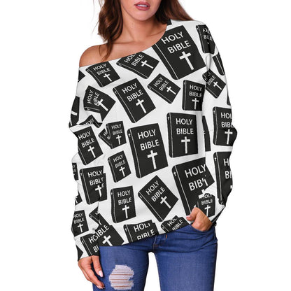 Christian Holy Bible Book Pattern Off Shoulder Sweatshirt