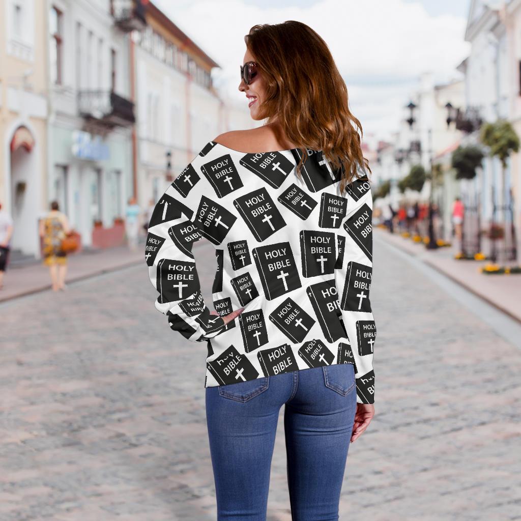 Christian Holy Bible Book Pattern Off Shoulder Sweatshirt