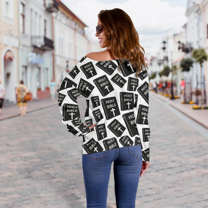Christian Holy Bible Book Pattern Off Shoulder Sweatshirt