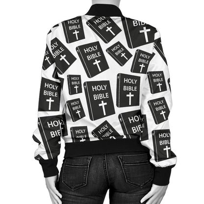Christian Holy Bible Book Pattern Women Casual Bomber Jacket